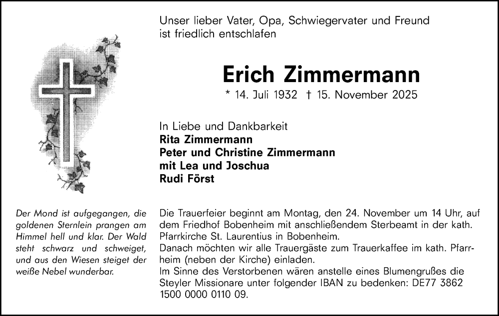  Traueranzeige für Erich Zimmermann vom 22.11.2025 aus Wormser Zeitung