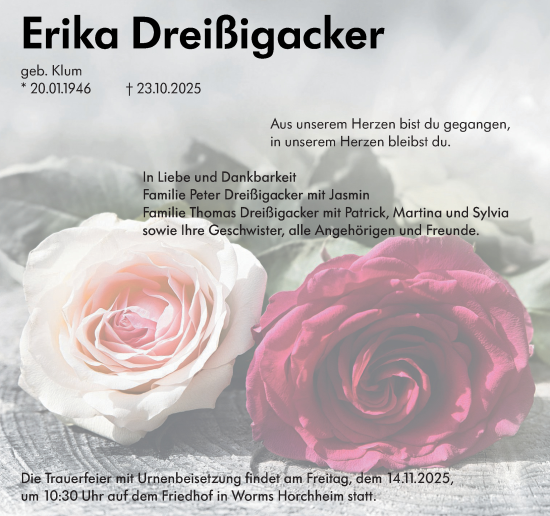 Traueranzeige von Erika Dreißigacker von Wormser Zeitung