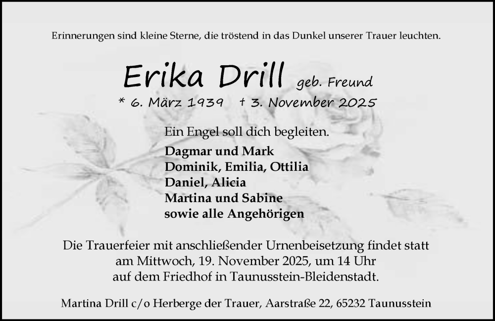  Traueranzeige für Erika Drill vom 15.11.2025 aus Idsteiner Land/Untertaunus