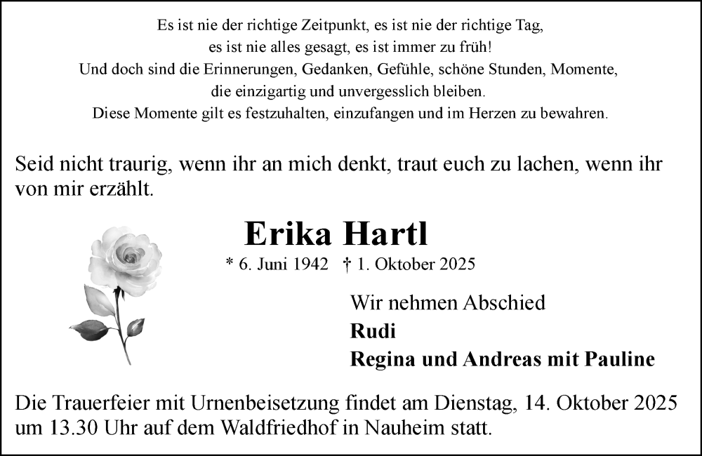  Traueranzeige für Erika Hartl vom 11.10.2025 aus Rüsselsheimer Echo