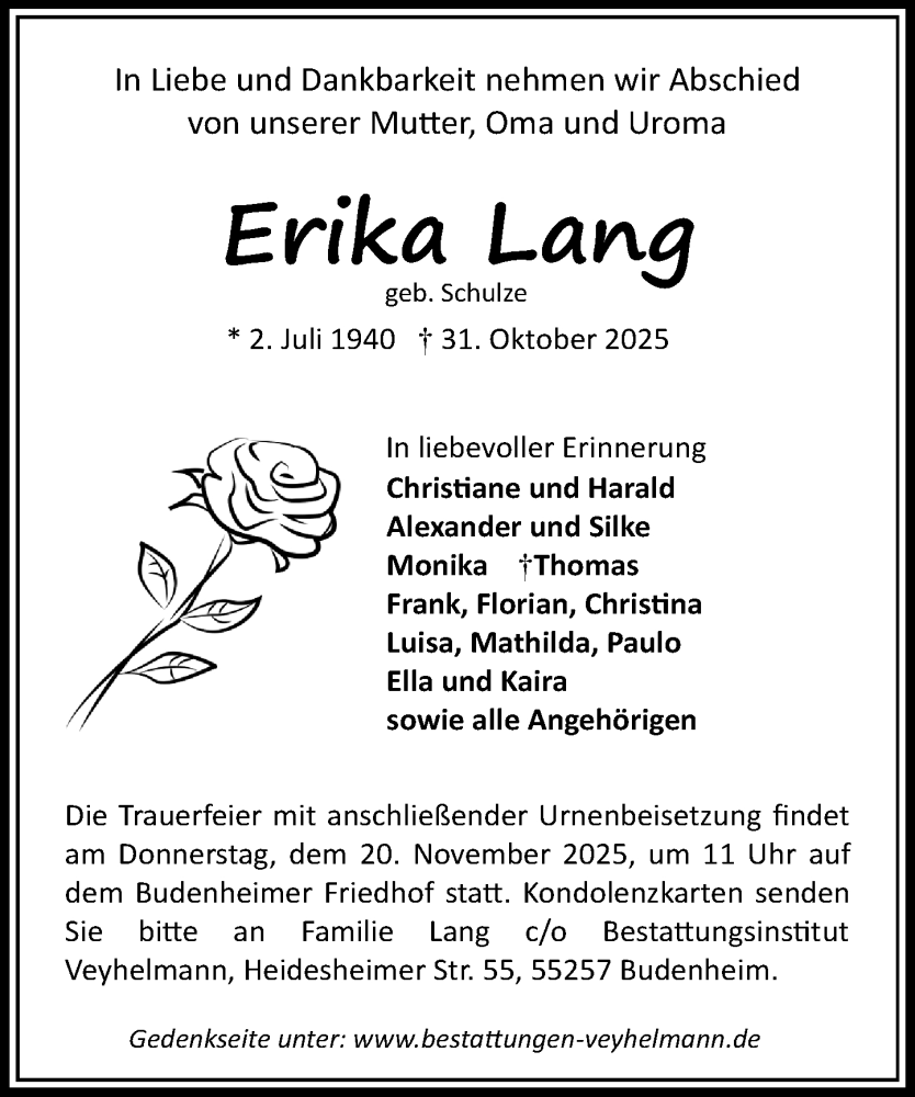  Traueranzeige für Erika Lang vom 08.11.2025 aus Allgemeine Zeitung Mainz