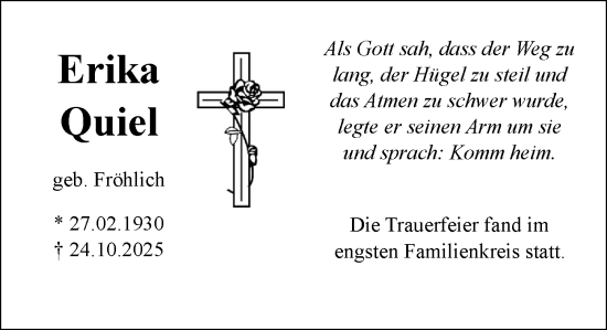 Traueranzeige von Erika Quiel von Allgemeine Zeitung Mainz