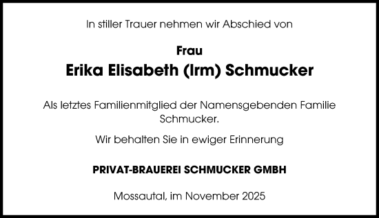 Traueranzeige von Erika Elisabeth Schmucker von Odenwälder Echo