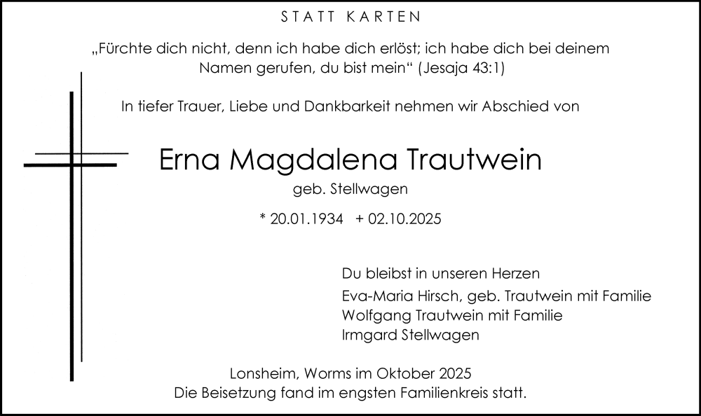  Traueranzeige für Erna Magdalena Trautwein vom 11.10.2025 aus Allgemeine Zeitung Rheinhessen-Nahe