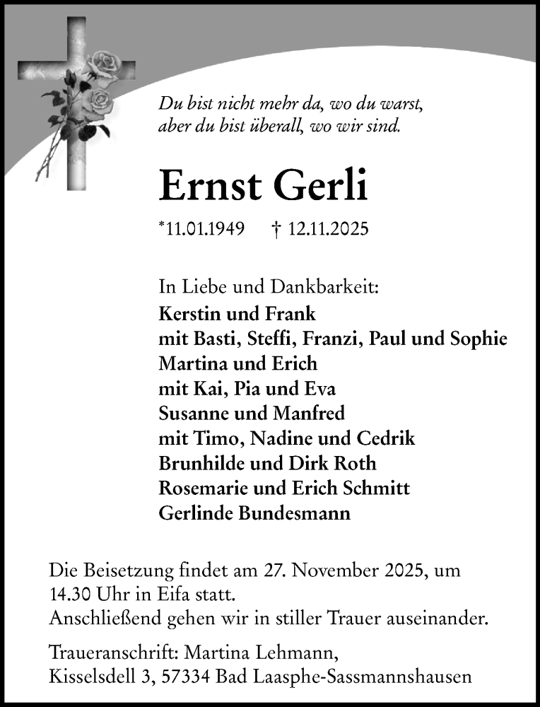 Traueranzeige für Ernst Gerli vom 25.11.2025 aus Hinterländer Anzeiger