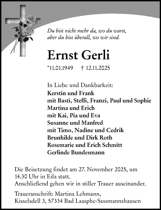 Traueranzeige von Ernst Gerli von Hinterländer Anzeiger