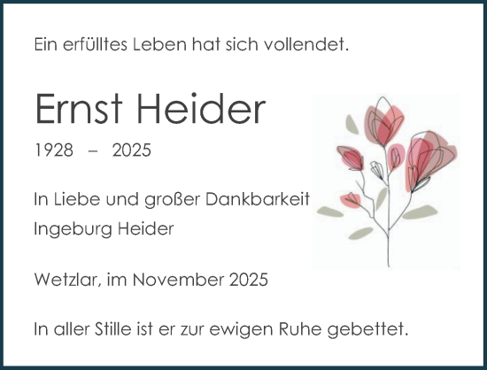 Traueranzeige von Ernst Heider von Wetzlarer Neue Zeitung