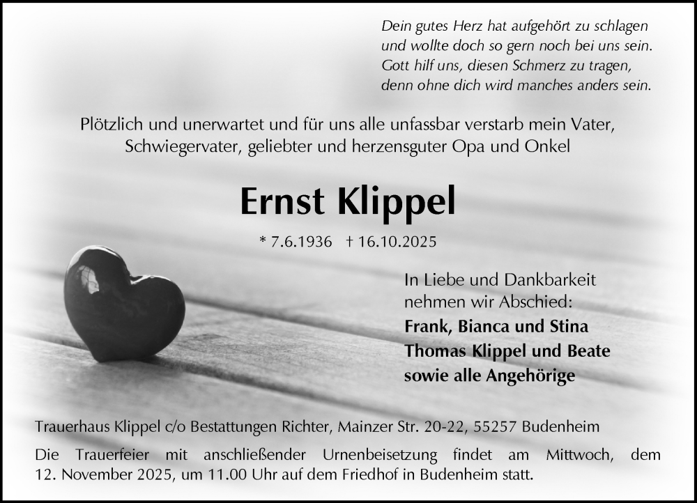  Traueranzeige für Ernst Klippel vom 08.11.2025 aus Allgemeine Zeitung Mainz