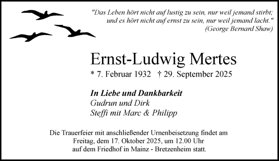 Traueranzeige von Ernst-Ludwig Mertes von Allgemeine Zeitung Mainz