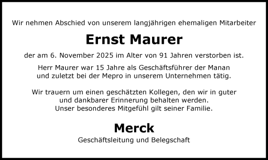 Traueranzeige von Ernst Maurer von Darmstädter Echo
