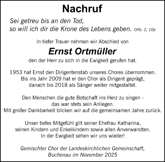 Traueranzeige von Ernst Ortmüller von Hinterländer Anzeiger