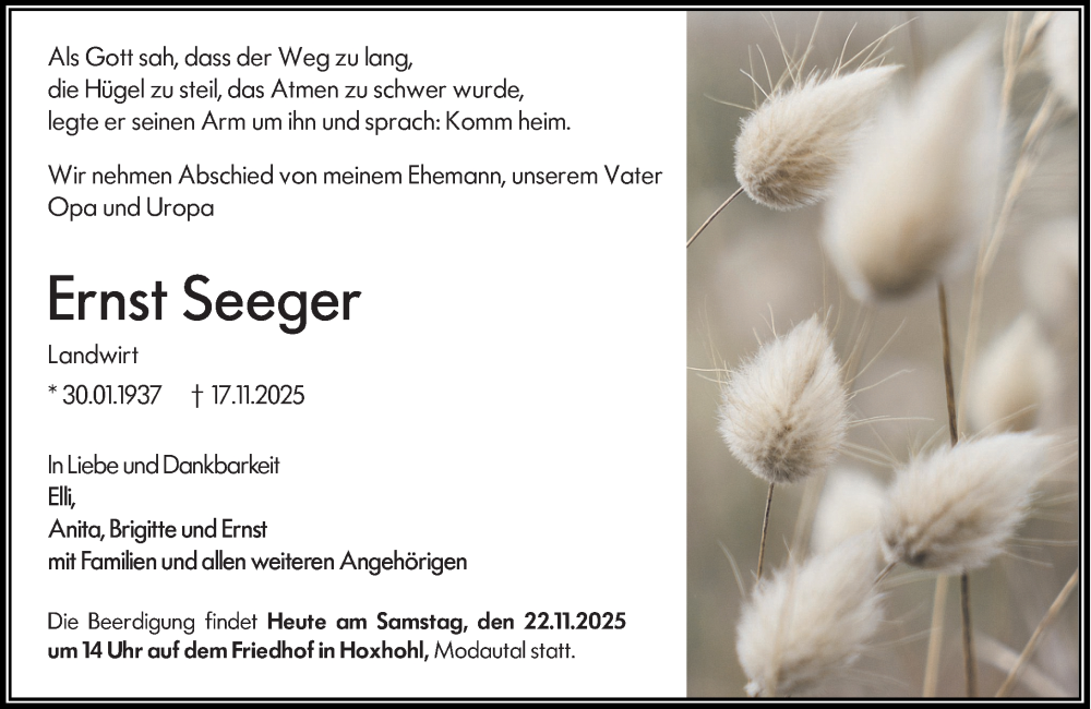  Traueranzeige für Ernst Seeger vom 22.11.2025 aus Darmstädter Echo