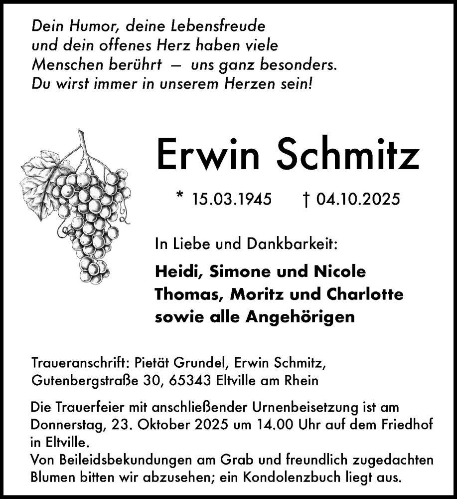  Traueranzeige für Erwin Schmitz vom 11.10.2025 aus Wiesbadener Kurier