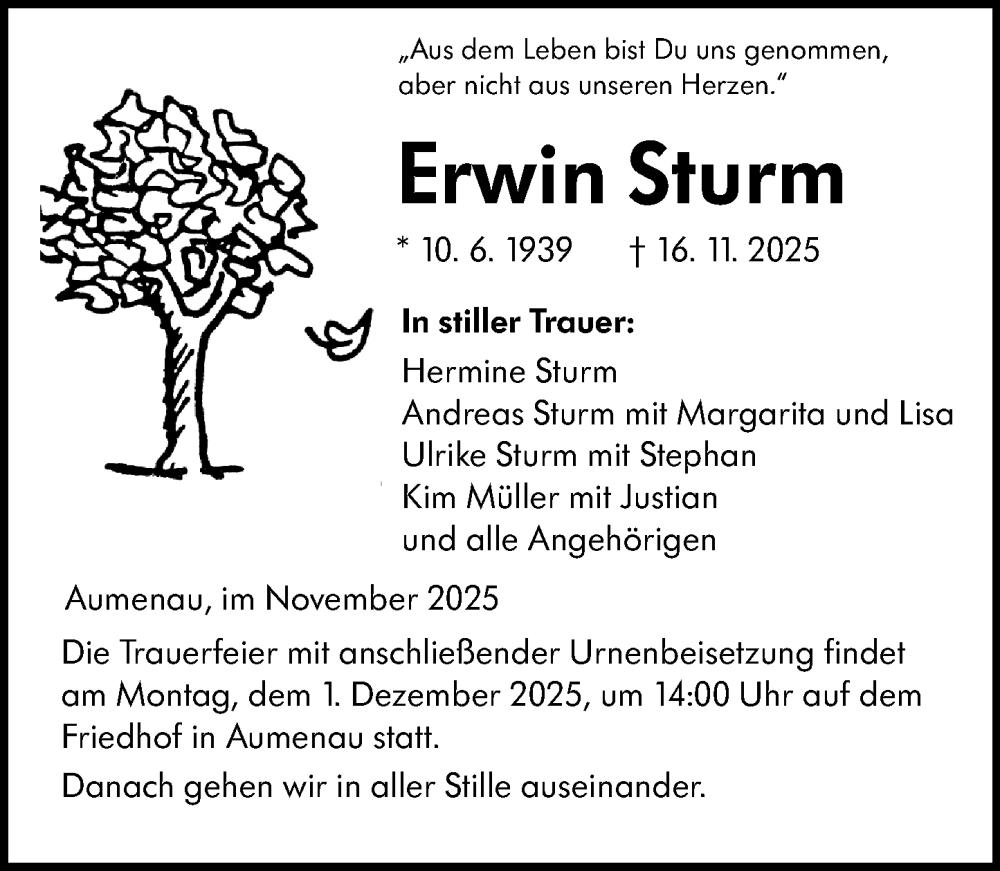  Traueranzeige für Erwin Sturm vom 22.11.2025 aus Weilburger Tageblatt