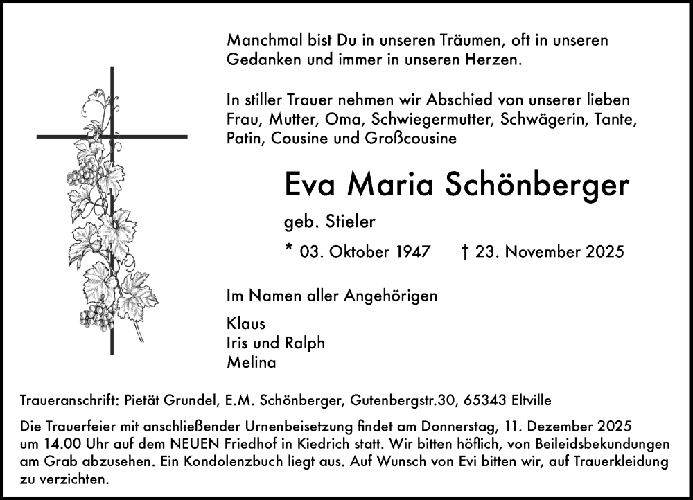  Traueranzeige für Eva Maria Schönberger vom 29.11.2025 aus Rheingau Kurier