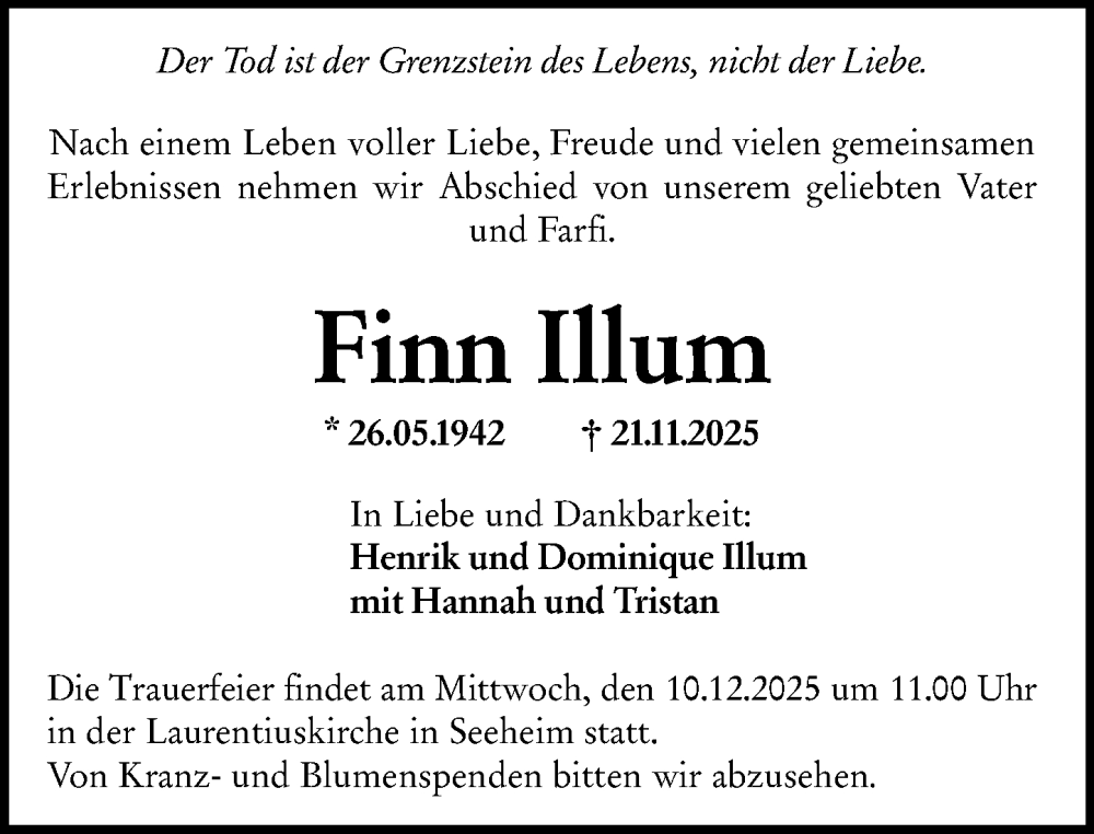 Traueranzeige für Finn Illum vom 29.11.2025 aus Darmstädter Echo