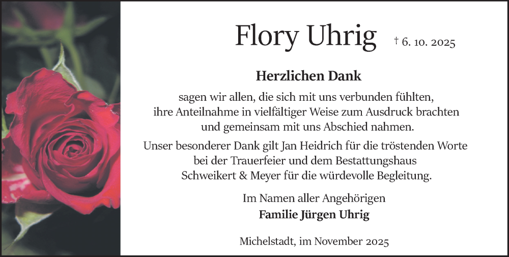  Traueranzeige für Flory Uhrig vom 15.11.2025 aus Odenwälder Echo