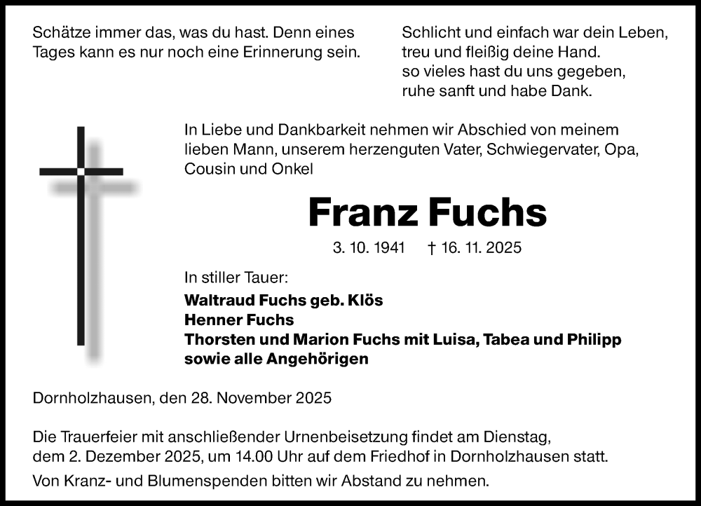  Traueranzeige für Franz Fuchs vom 28.11.2025 aus Wetzlarer Neue Zeitung