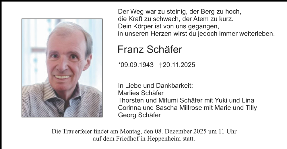  Traueranzeige für Franz Schäfer vom 29.11.2025 aus Starkenburger Echo