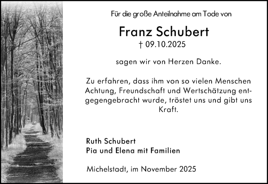 Traueranzeige von Franz Schubert von Odenwälder Echo