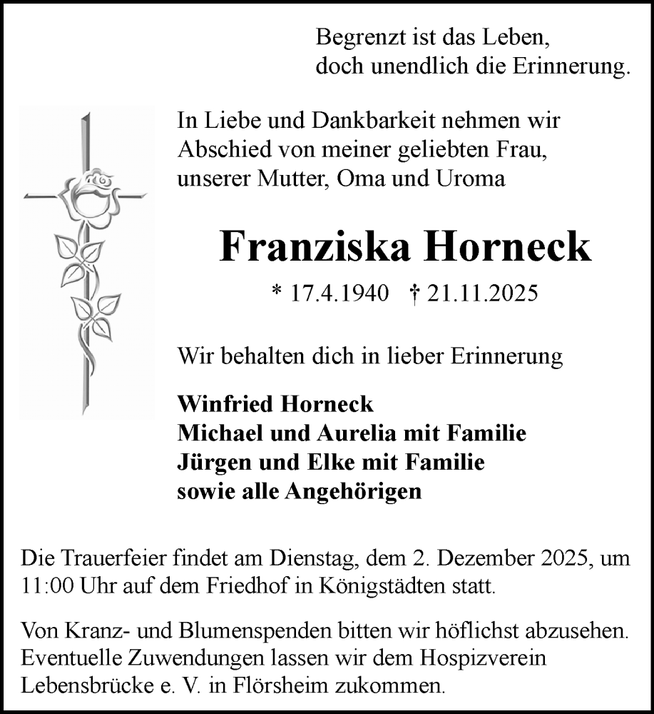  Traueranzeige für Franziska Horneck vom 29.11.2025 aus Rüsselsheimer Echo
