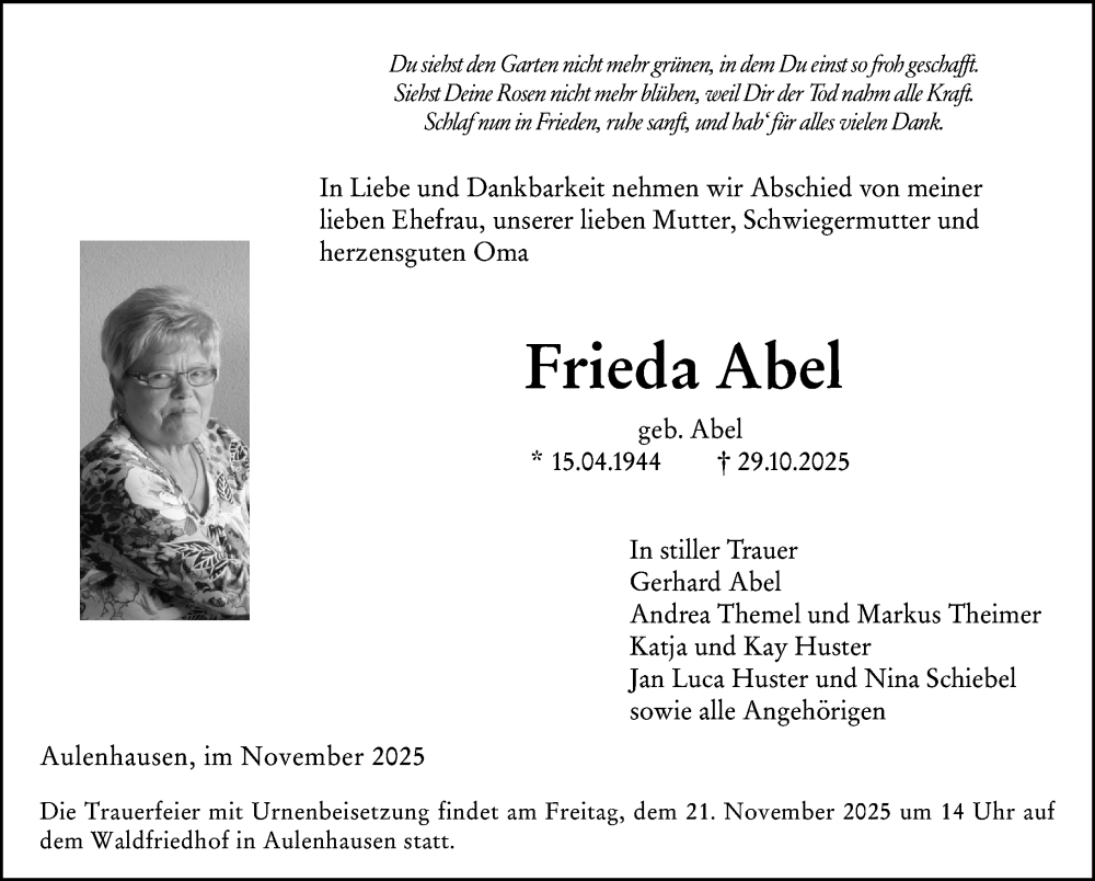 Traueranzeige für Frieda Abel vom 15.11.2025 aus Weilburger Tageblatt