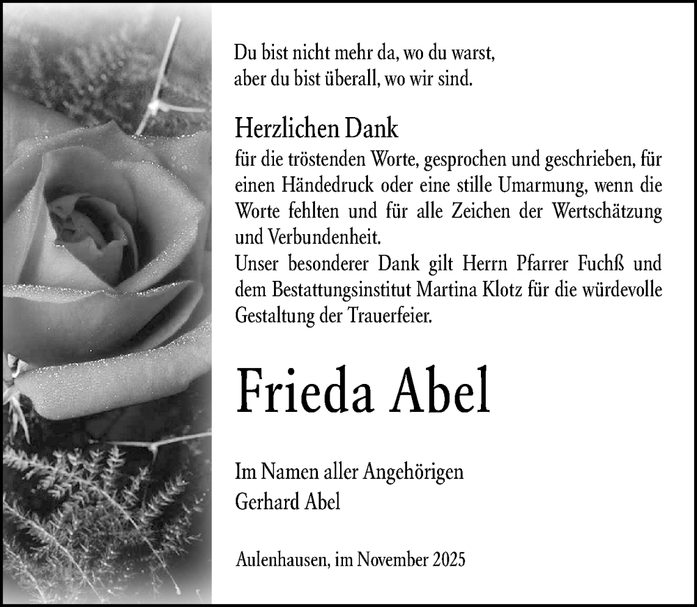  Traueranzeige für Frieda Abel vom 29.11.2025 aus Weilburger Tageblatt