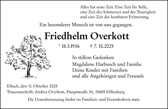 Traueranzeige von Friedhelm Overkott von Dill Block