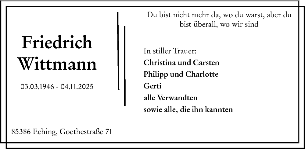 Traueranzeige für Friedrich Wittmann vom 15.11.2025 aus Allgemeine Zeitung Alzey