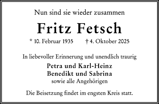 Traueranzeige von Fritz Fetsch von Wiesbadener Kurier