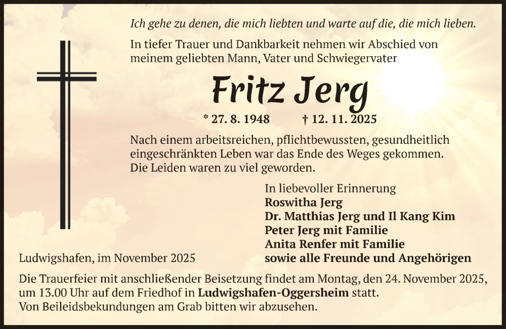  Traueranzeige für Fritz Jerg vom 22.11.2025 aus Allgemeine Zeitung Alzey