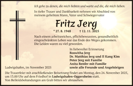 Traueranzeige von Fritz Jerg von Allgemeine Zeitung Alzey