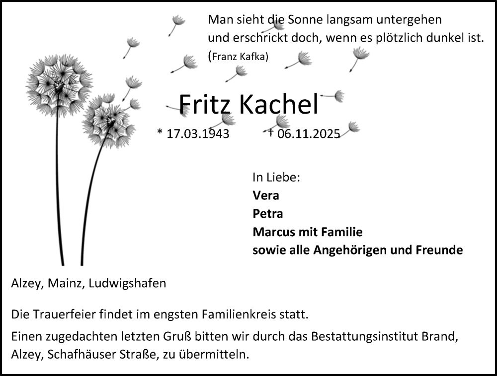  Traueranzeige für Fritz Kachel vom 15.11.2025 aus Allgemeine Zeitung Alzey