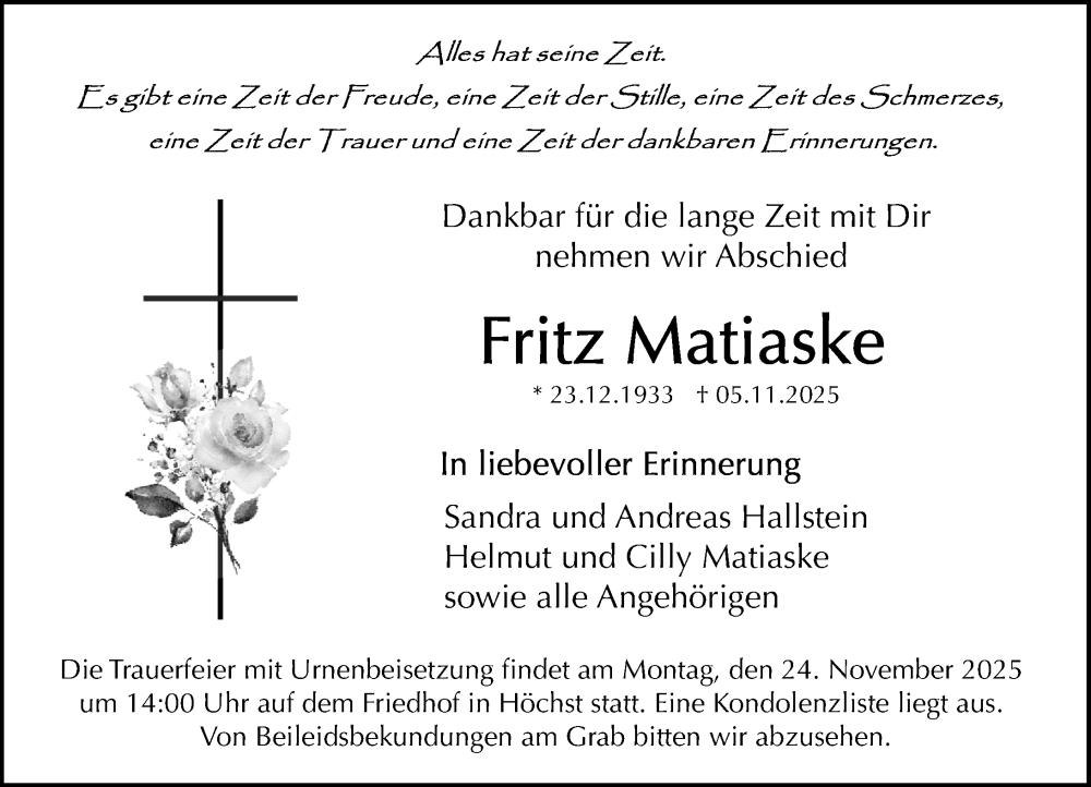  Traueranzeige für Fritz Matiaske vom 15.11.2025 aus Odenwälder Echo