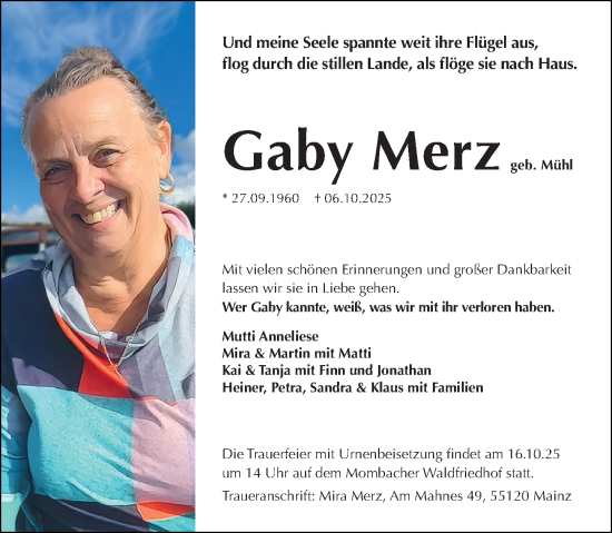 Traueranzeige von Gaby Merz von Allgemeine Zeitung Mainz