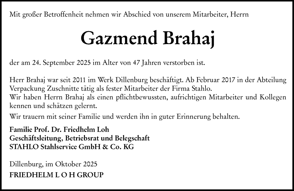  Traueranzeige für Gazmend Brahaj vom 11.10.2025 aus Dill Block