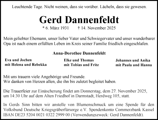 Traueranzeige von Gerd Dannenfeldt von Darmstädter Echo