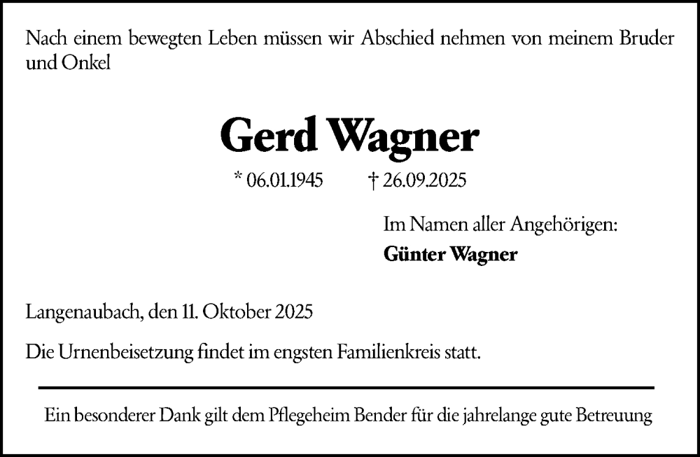  Traueranzeige für Gerd Wagner vom 11.10.2025 aus Dill Block