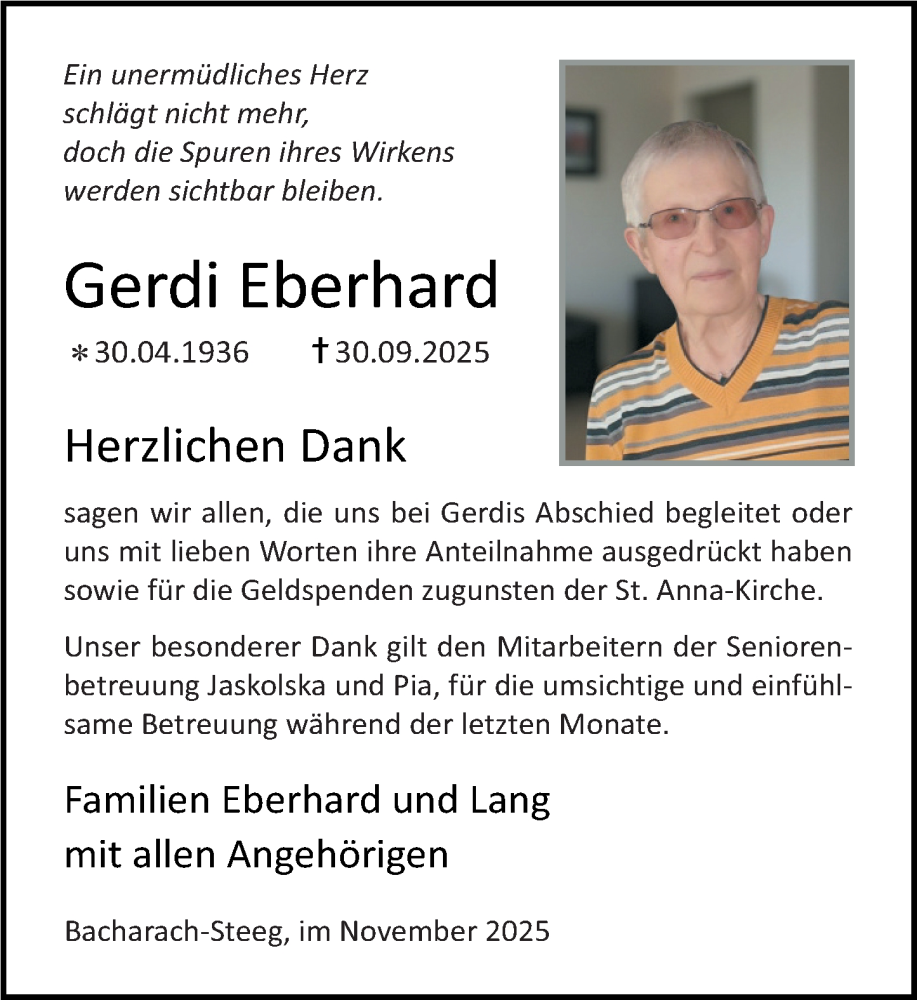  Traueranzeige für Gerdi Eberhard vom 29.11.2025 aus Allgemeine Zeitung Rheinhessen-Nahe