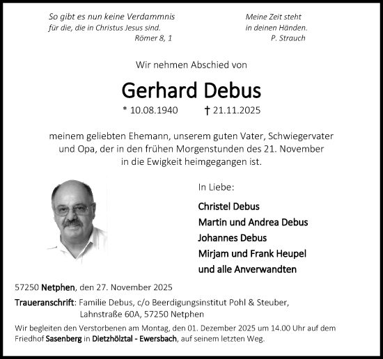 Traueranzeige von Gerhard Debus von Dill Block