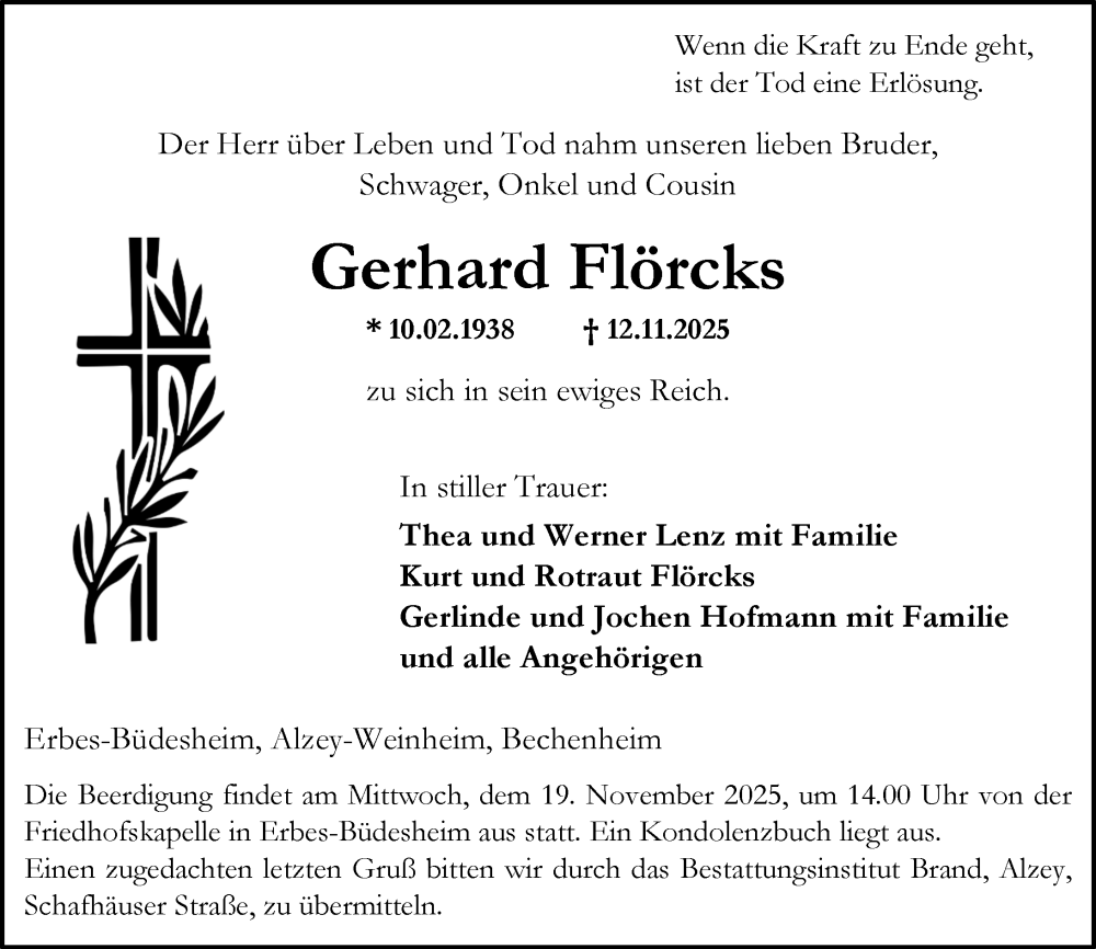  Traueranzeige für Gerhard Flörcks vom 15.11.2025 aus Allgemeine Zeitung Alzey