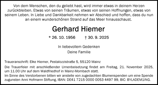 Traueranzeige von Gerhard Hiemer von Allgemeine Zeitung Mainz