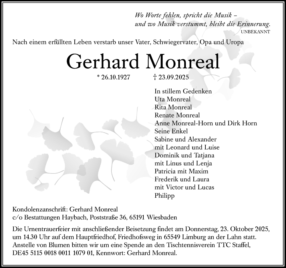  Traueranzeige für Gerhard Monreal vom 11.10.2025 aus Nassauische Neue Presse
