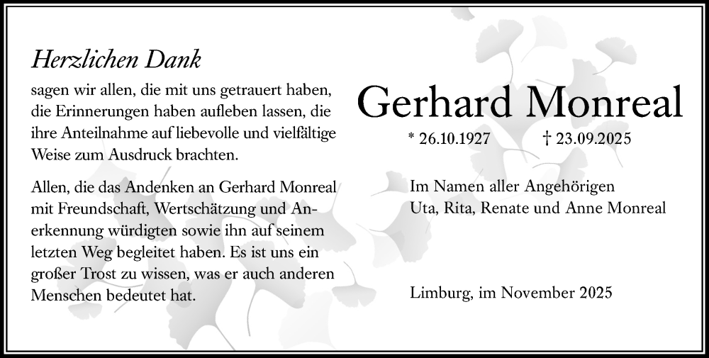  Traueranzeige für Gerhard Monreal vom 08.11.2025 aus Nassauische Neue Presse