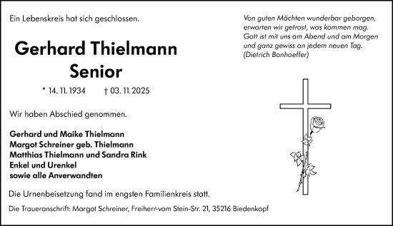 Traueranzeige von Gerhard Thielmann von Hinterländer Anzeiger