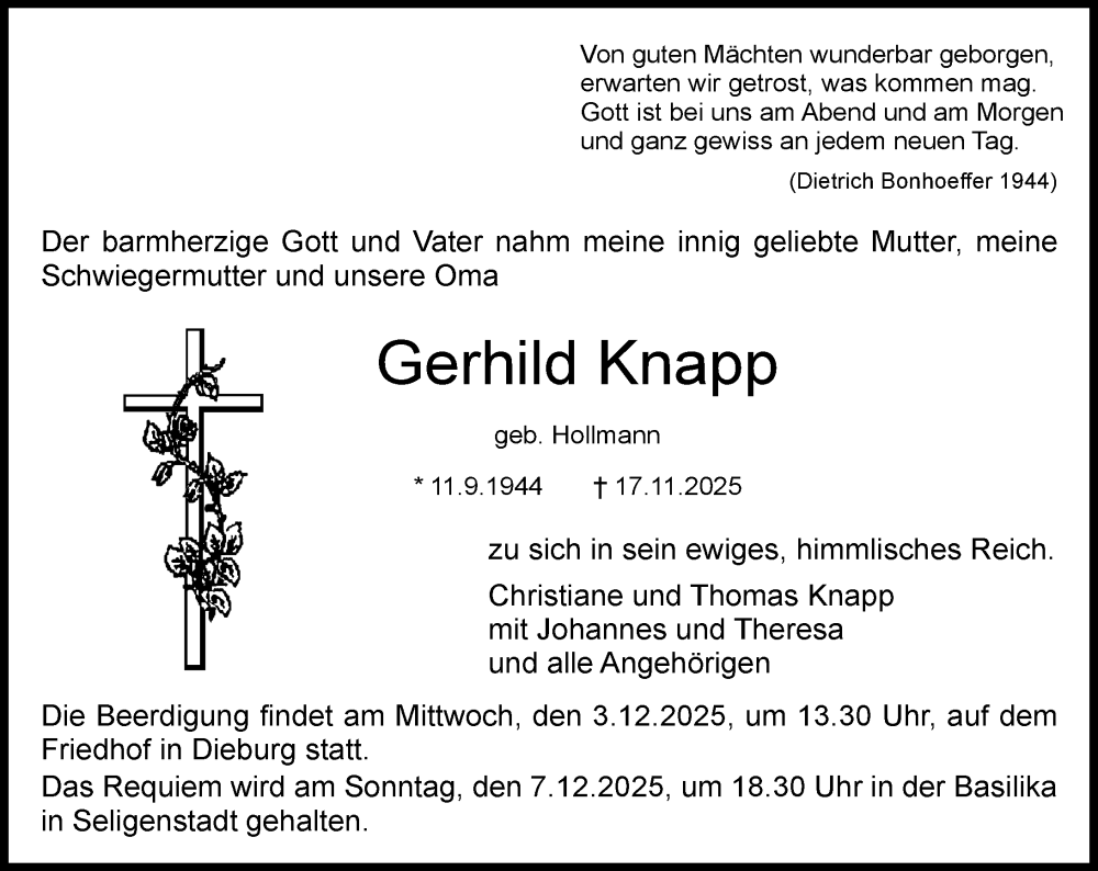  Traueranzeige für Gerhild Knapp vom 29.11.2025 aus Dieburger Anzeiger/Groß-Zimmerner Lokal-Anzeiger