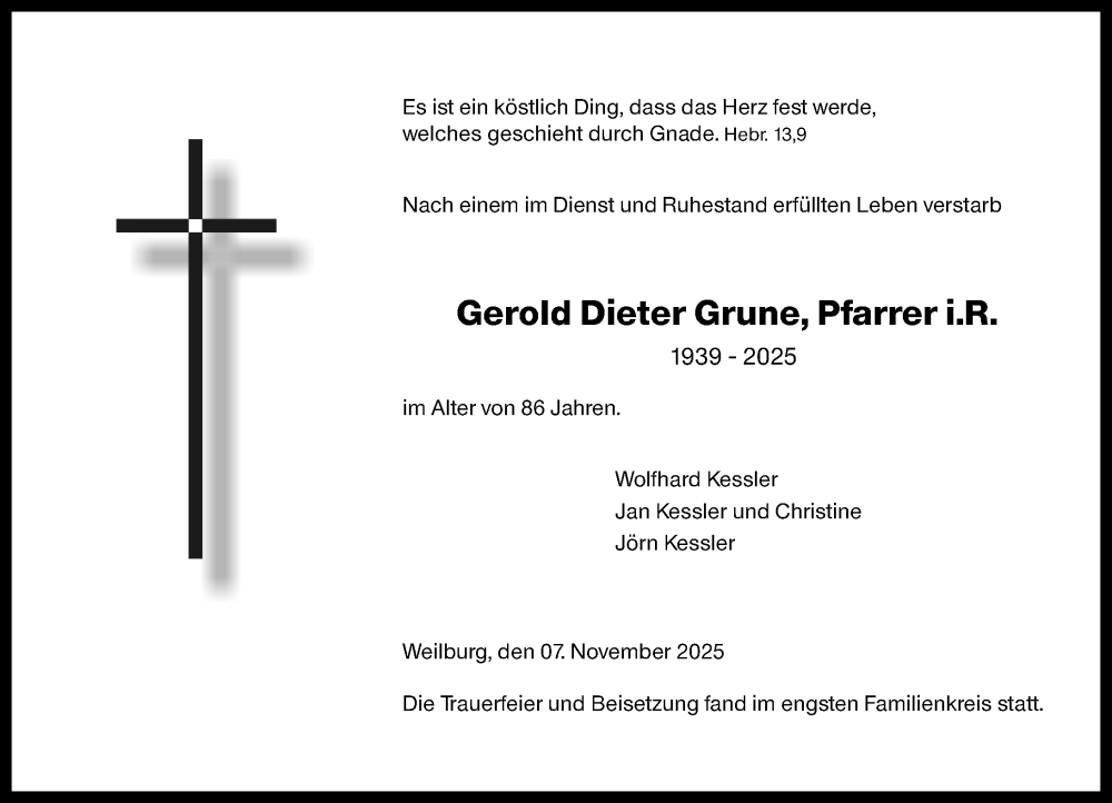  Traueranzeige für Gerold Dieter Grune vom 10.11.2025 aus Weilburger Tageblatt