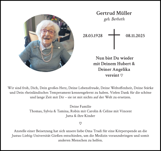 Traueranzeige von Gertrud Müller von Camberger Anzeiger