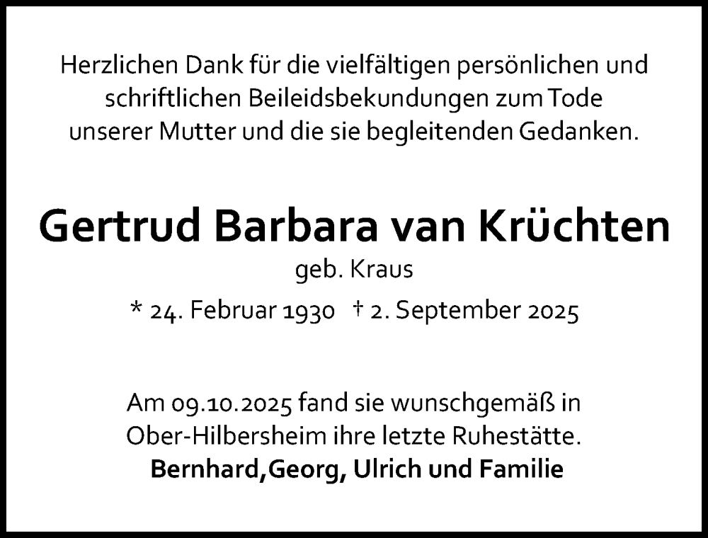  Traueranzeige für Gertrud Barbara van Krüchten vom 08.11.2025 aus Allgemeine Zeitung Mainz