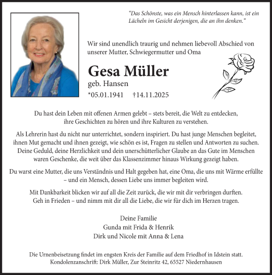 Traueranzeige von Gesa Müller von Idsteiner Land/Untertaunus